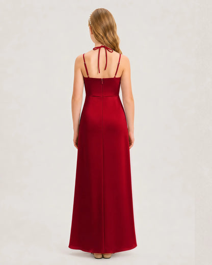 Dideyttawl Halter Neck Ruched Satin Junior Bridesmaid Dress