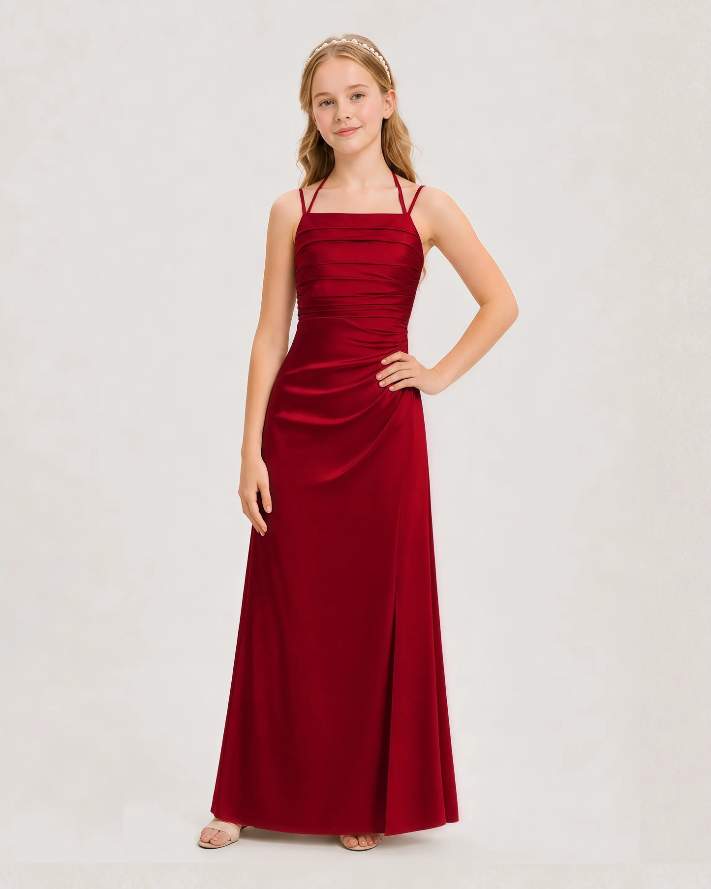 Dideyttawl Halter Neck Ruched Satin Junior Bridesmaid Dress