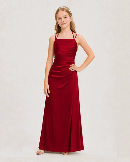 Dideyttawl Halter Neck Ruched Satin Junior Bridesmaid Dress