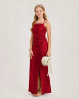 Burgundy Satin Ruched Junior Bridesmaid Dresses Side View