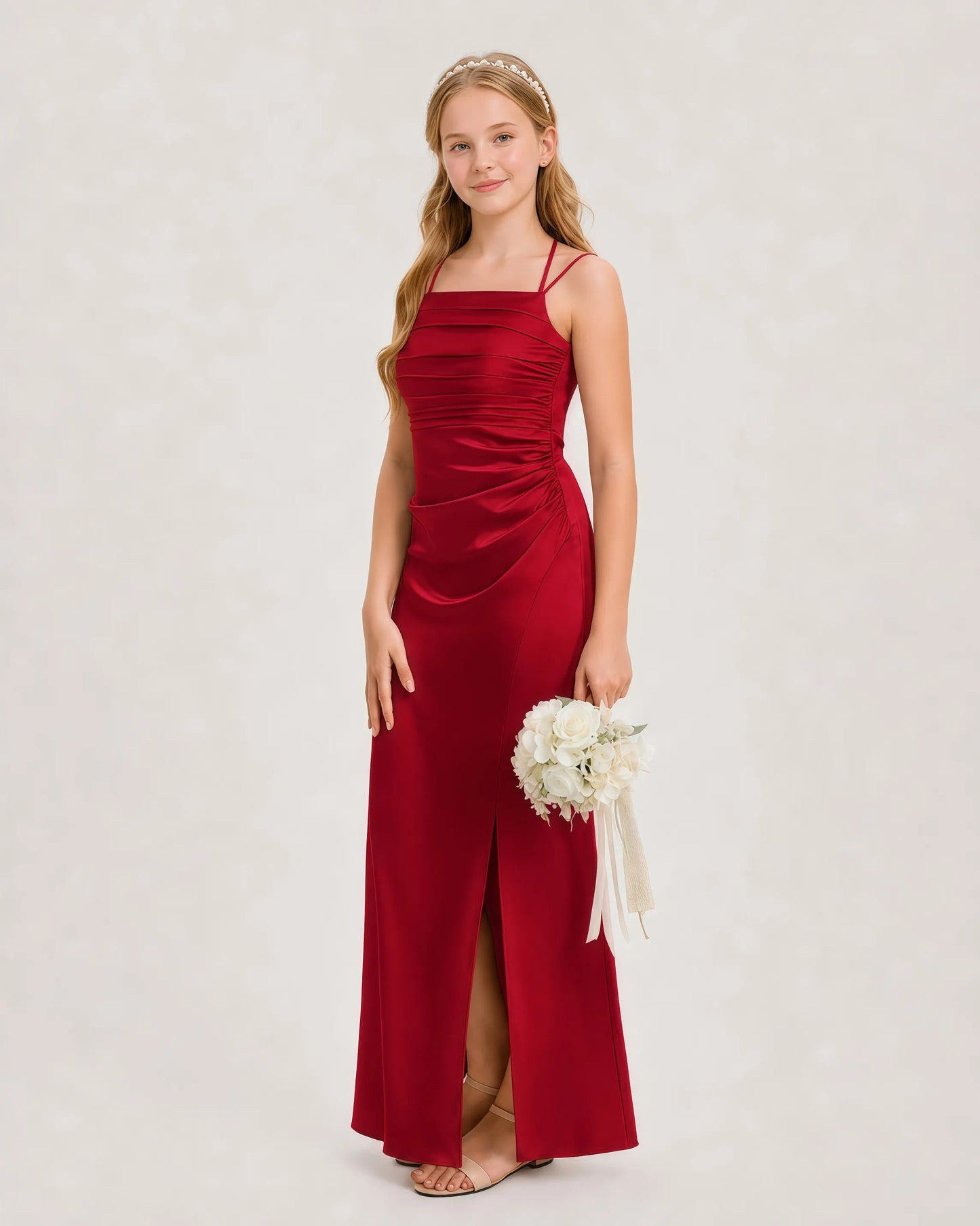 Dideyttawl Halter Neck Ruched Satin Junior Bridesmaid Dress