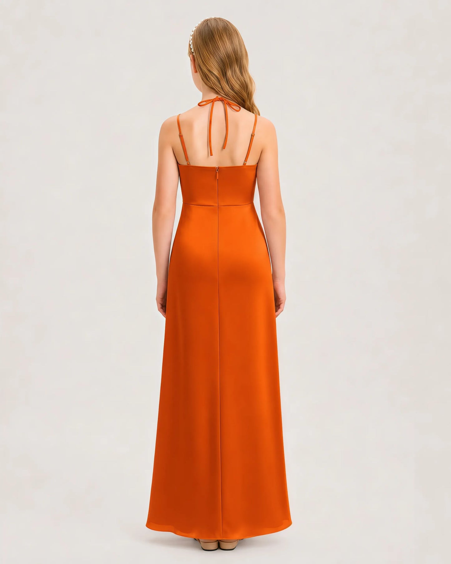 Dideyttawl Ruched Satin Halter Neck Junior Bridesmaid Dress with Side Slit