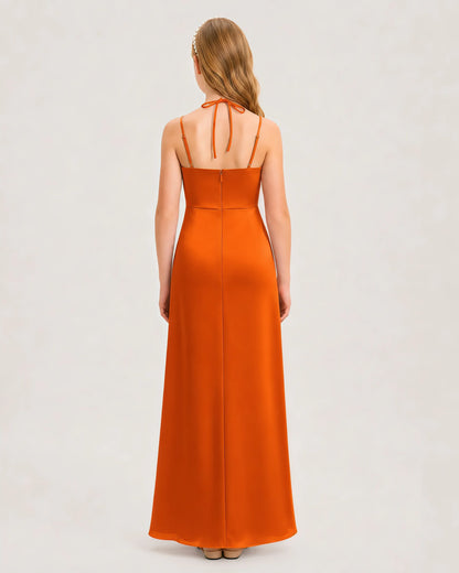 Dideyttawl Ruched Satin Halter Neck Junior Bridesmaid Dress with Side Slit