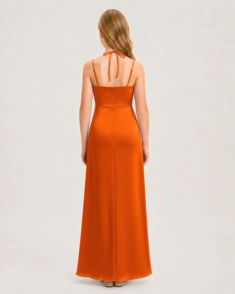 Burnt Orange Satin Halter Junior Bridesmaid Dresses Back View