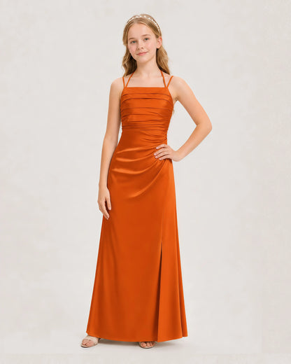 Dideyttawl Halter Neck Ruched Satin Junior Bridesmaid Dress