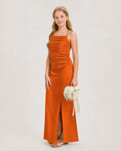 Dideyttawl Halter Neck Ruched Satin Junior Bridesmaid Dress