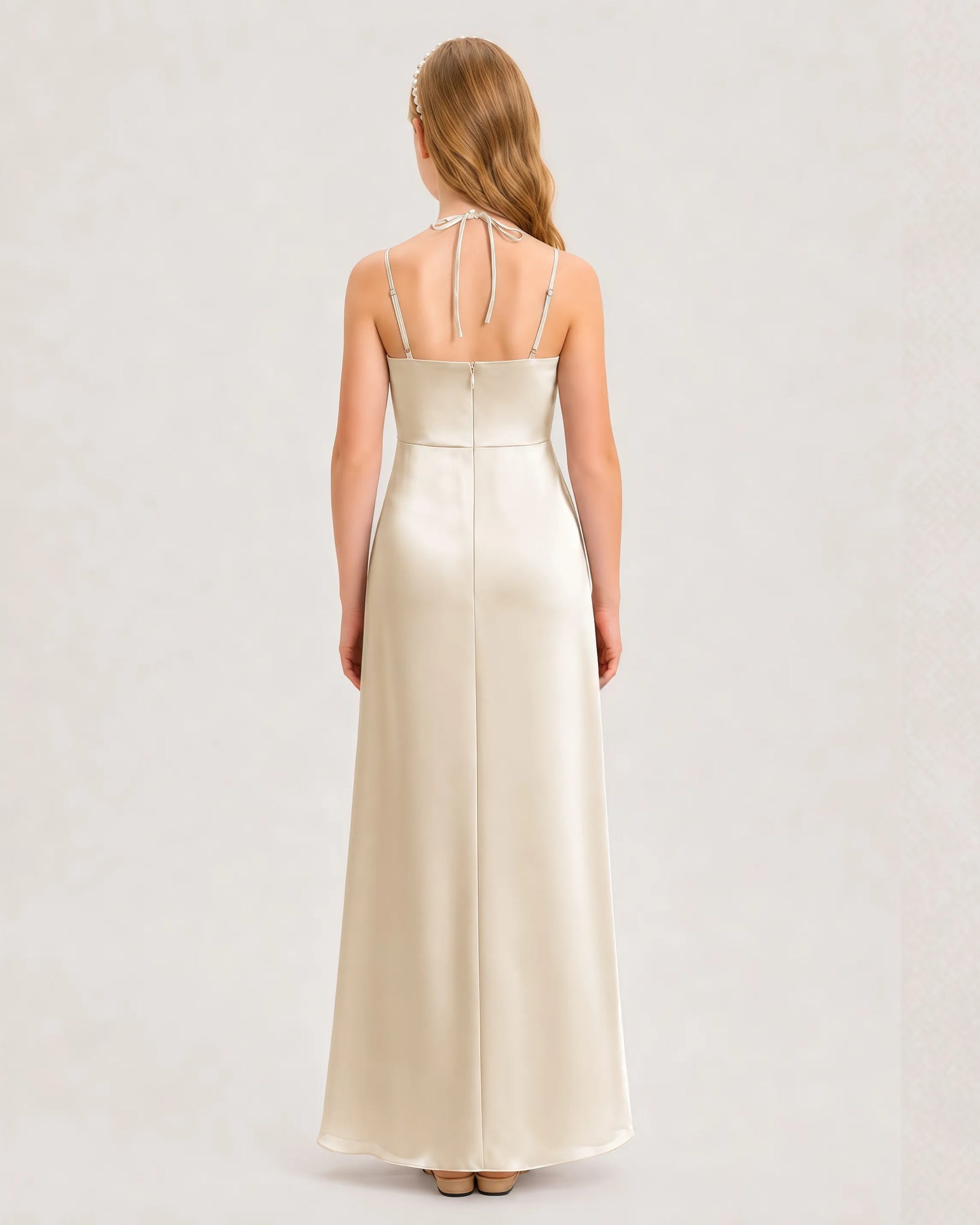 Dideyttawl Halter Neck Ruched Satin Junior Bridesmaid Dress