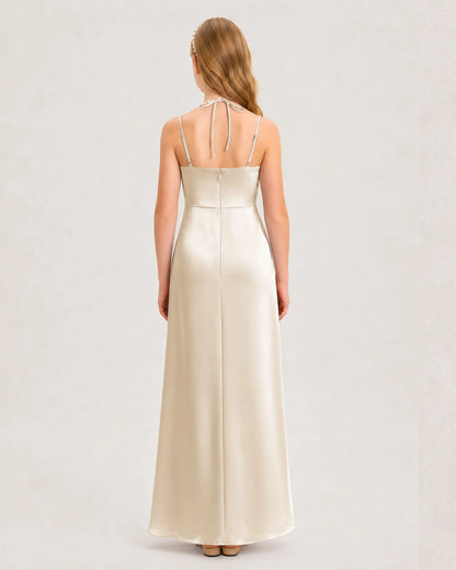 Dideyttawl Halter Neck Ruched Satin Junior Bridesmaid Dress