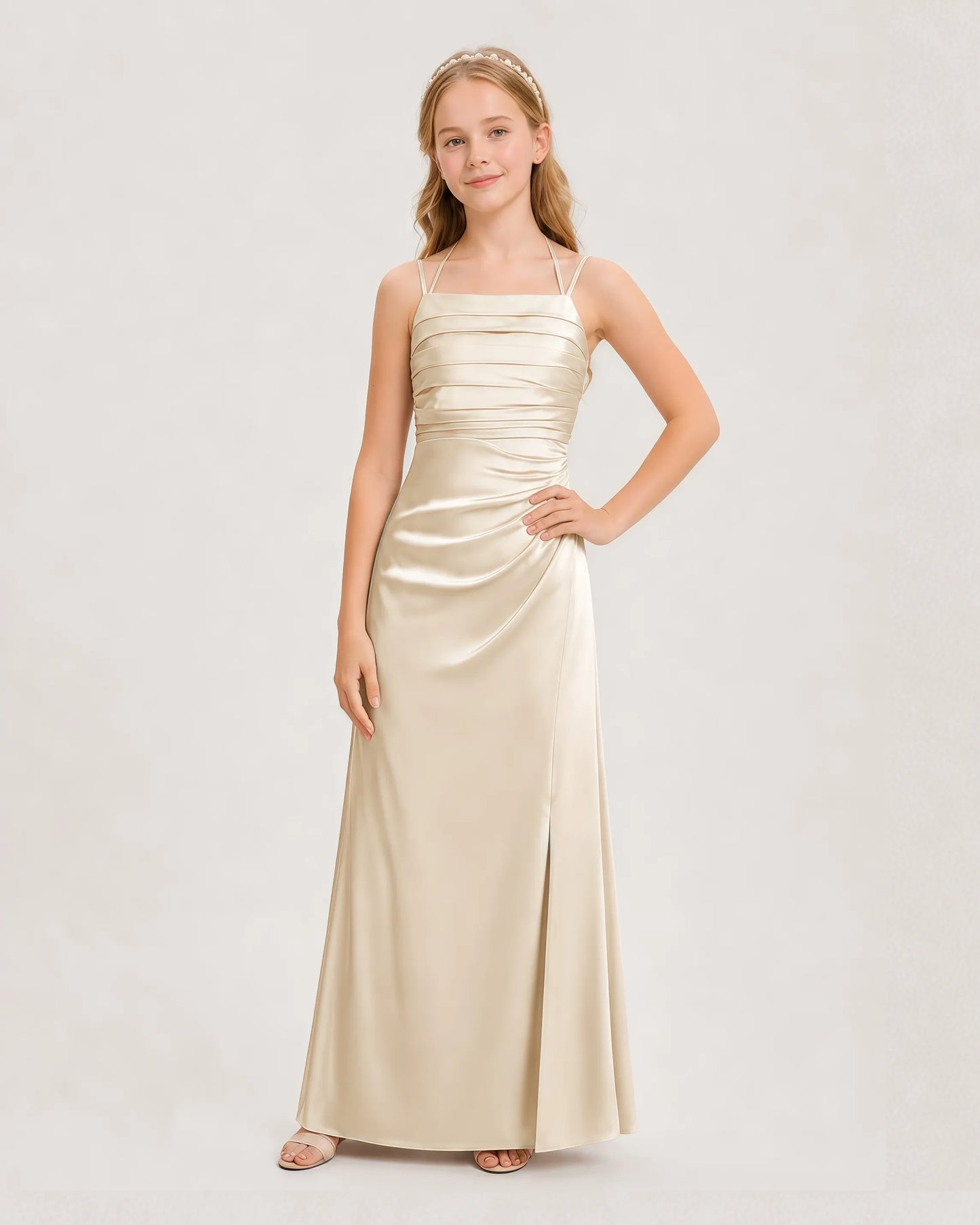 Dideyttawl Ruched Satin Halter Neck Junior Bridesmaid Dress with Side Slit