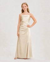 Champagne Satin Ruched A-Line Junior Bridesmaid Dresses Front View