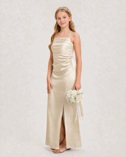 Dideyttawl Halter Neck Ruched Satin Junior Bridesmaid Dress