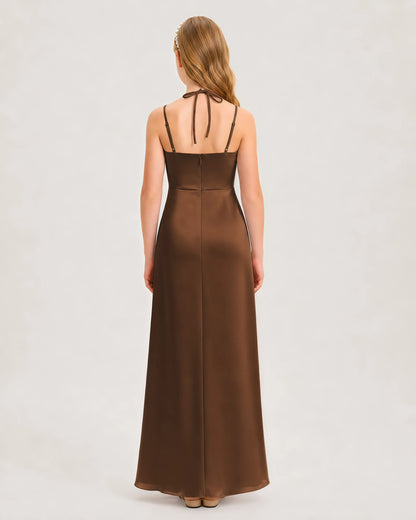 Dideyttawl Ruched Satin Halter Neck Junior Bridesmaid Dress with Side Slit