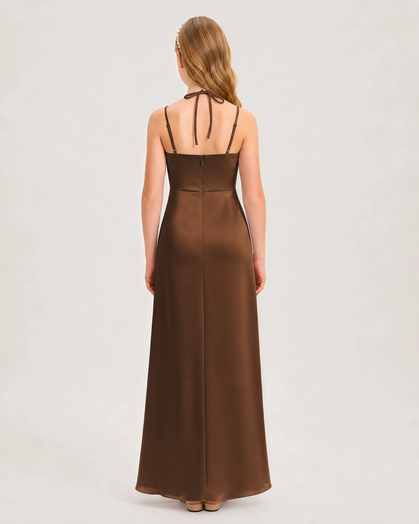 Dideyttawl Halter Neck Ruched Satin Junior Bridesmaid Dress