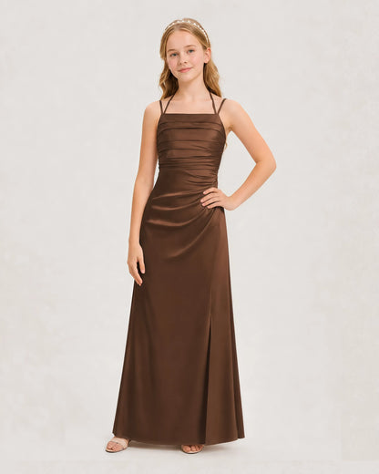 Dideyttawl Ruched Satin Halter Neck Junior Bridesmaid Dress with Side Slit