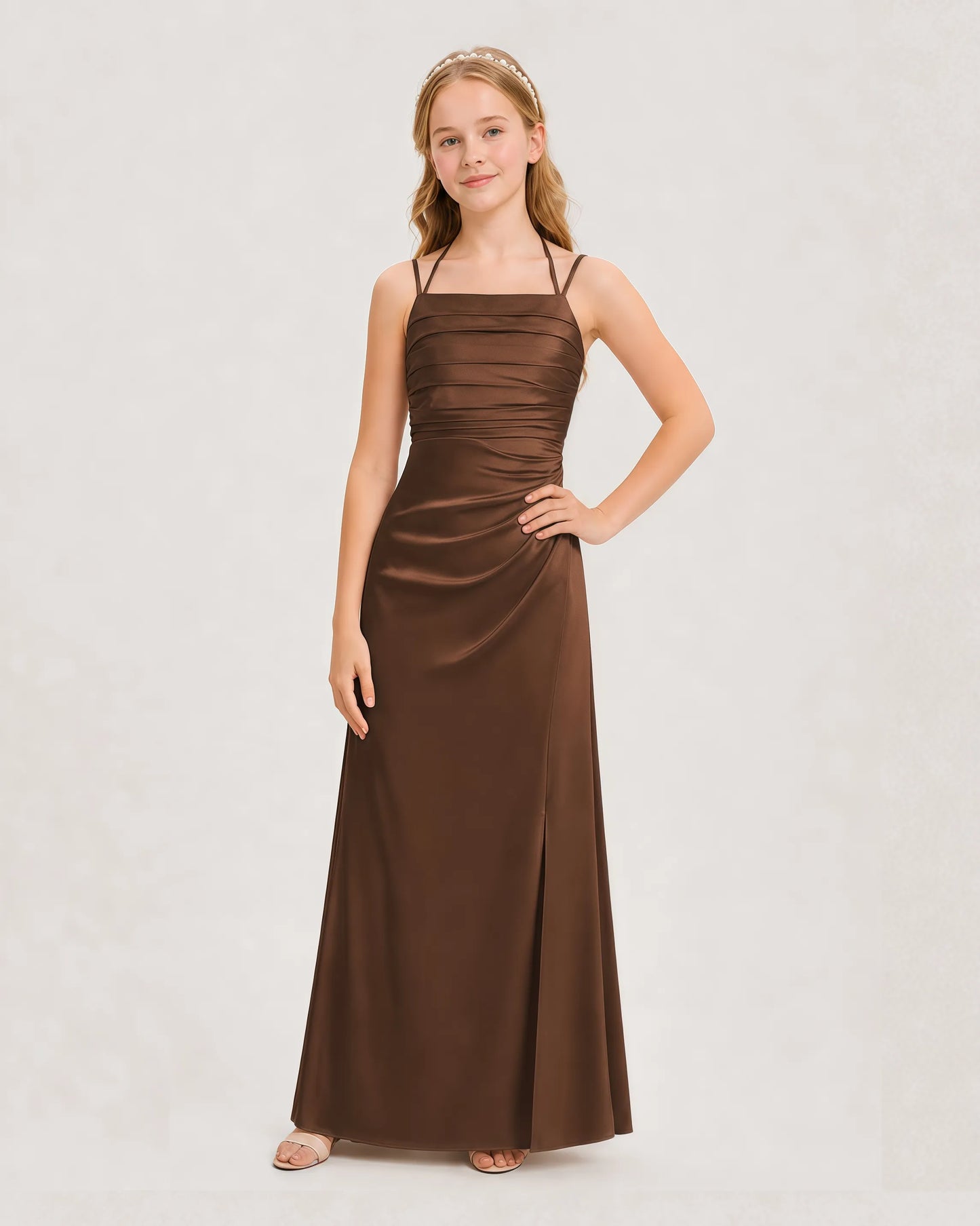Dideyttawl Halter Neck Ruched Satin Junior Bridesmaid Dress