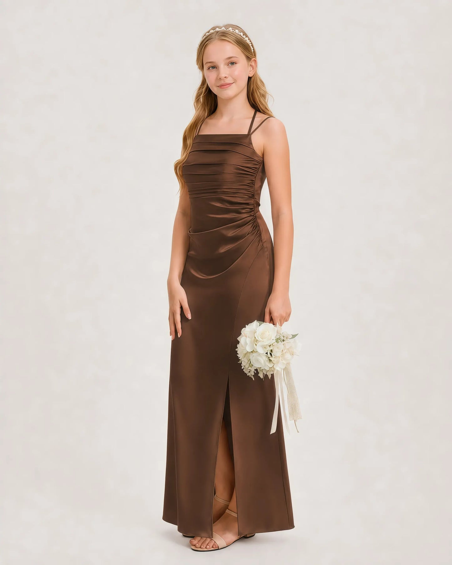 Dideyttawl Ruched Satin Halter Neck Junior Bridesmaid Dress with Side Slit