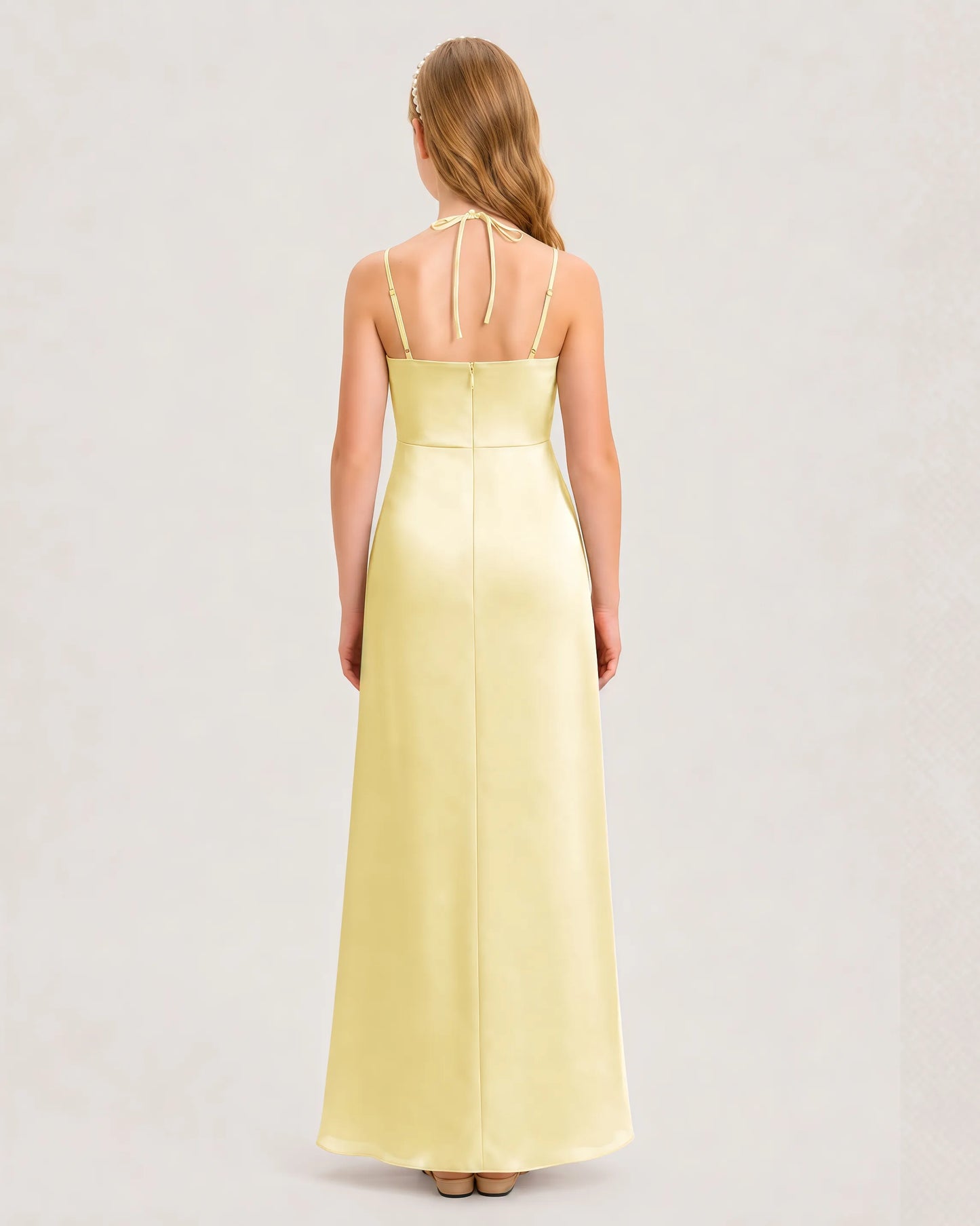 Dideyttawl Halter Neck Ruched Satin Junior Bridesmaid Dress
