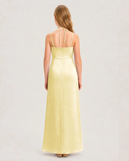 Dideyttawl Halter Neck Ruched Satin Junior Bridesmaid Dress