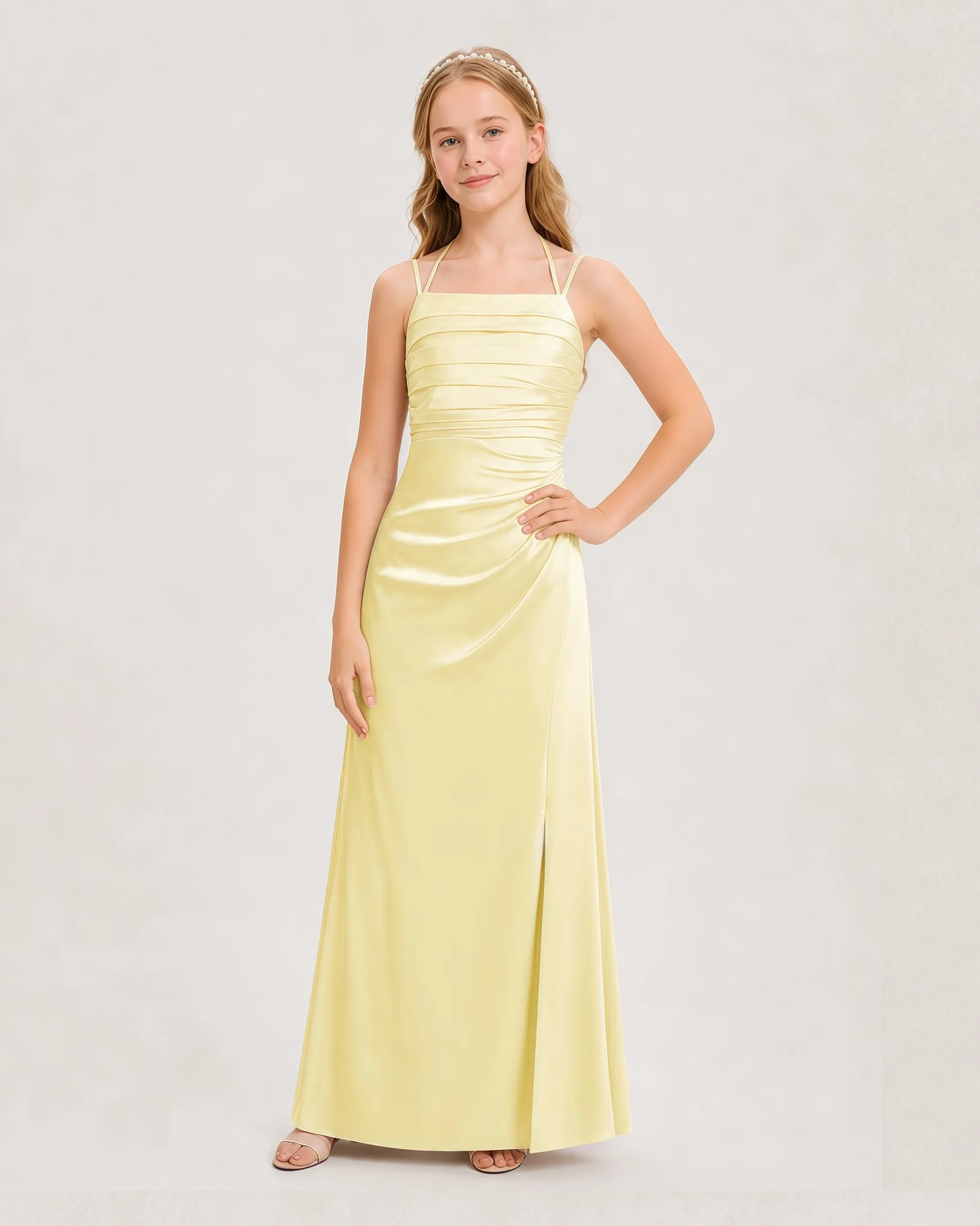 Dideyttawl Ruched Satin Halter Neck Junior Bridesmaid Dress with Side Slit