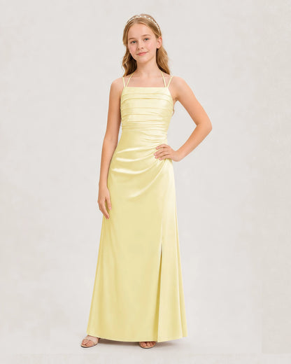 Dideyttawl Ruched Satin Halter Neck Junior Bridesmaid Dress with Side Slit