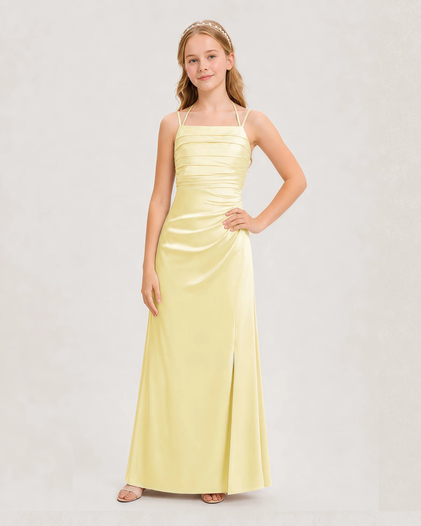 Dideyttawl Halter Neck Ruched Satin Junior Bridesmaid Dress
