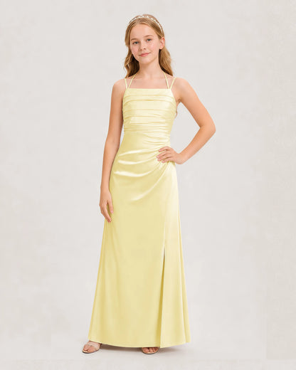 Dideyttawl Halter Neck Ruched Satin Junior Bridesmaid Dress