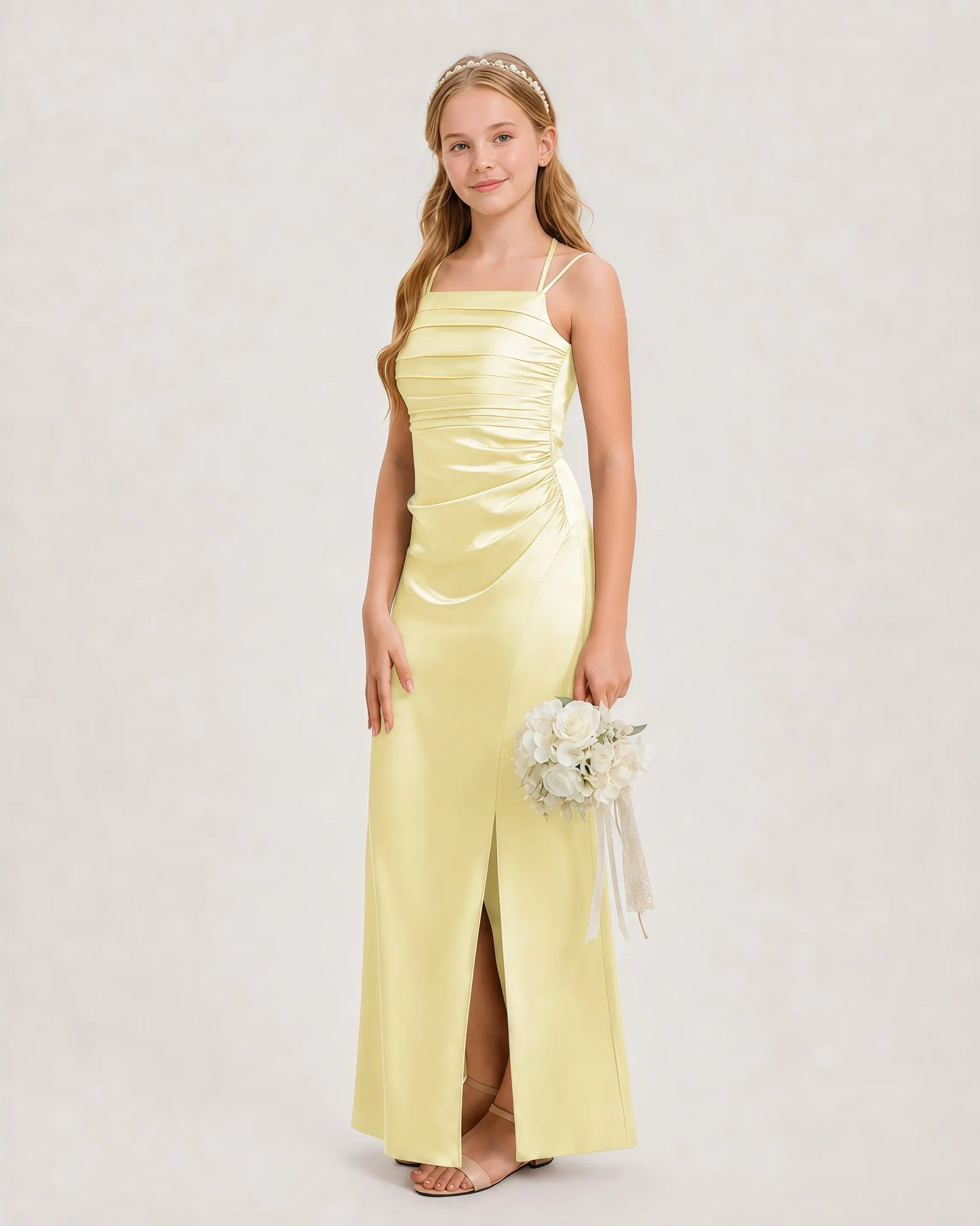 Dideyttawl Ruched Satin Halter Neck Junior Bridesmaid Dress with Side Slit