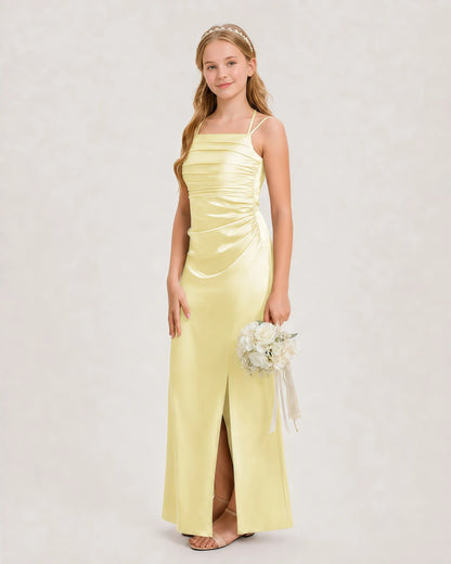 Dideyttawl Ruched Satin Halter Neck Junior Bridesmaid Dress with Side Slit