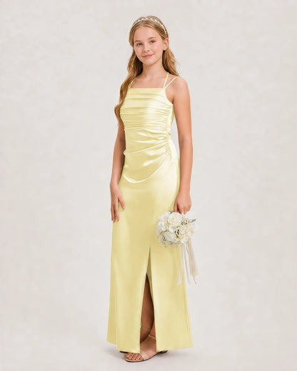 Dideyttawl Halter Neck Ruched Satin Junior Bridesmaid Dress