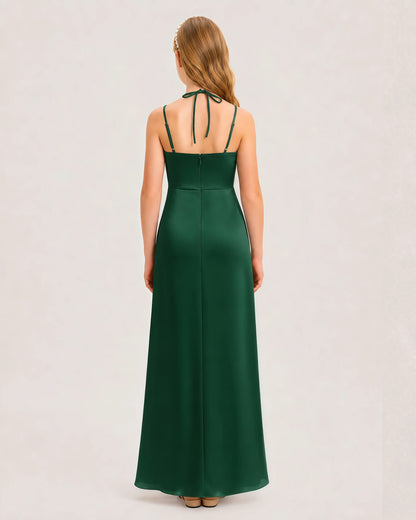 Dideyttawl Halter Neck Ruched Satin Junior Bridesmaid Dress