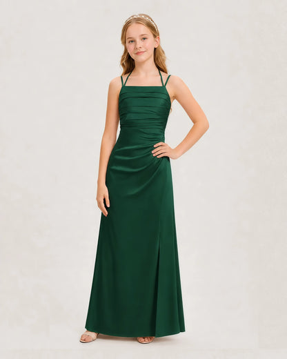 Dideyttawl Ruched Satin Halter Neck Junior Bridesmaid Dress with Side Slit