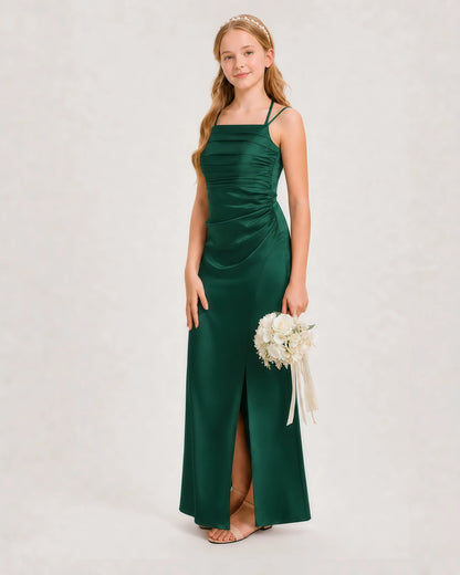 Dideyttawl Halter Neck Ruched Satin Junior Bridesmaid Dress