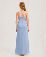 Dusty Blue Satin Halter Junior Bridesmaid Dresses Back View
