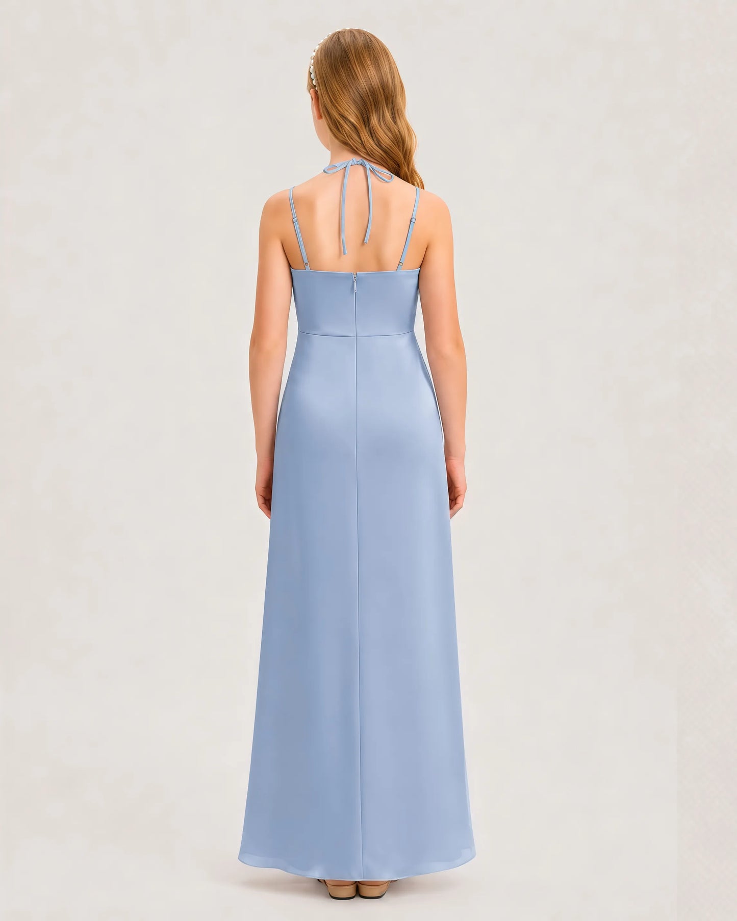 Dideyttawl Halter Neck Ruched Satin Junior Bridesmaid Dress
