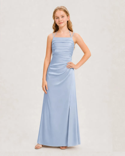 Dideyttawl Ruched Satin Halter Neck Junior Bridesmaid Dress with Side Slit