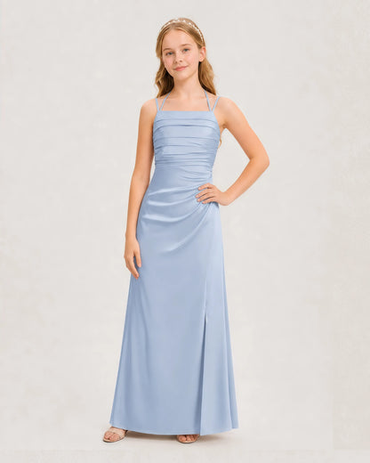 Dideyttawl Halter Neck Ruched Satin Junior Bridesmaid Dress