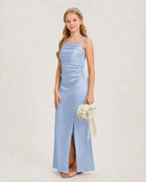 Dusty Blue Satin Ruched Junior Bridesmaid Dresses Side View