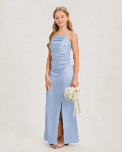 Dideyttawl Halter Neck Ruched Satin Junior Bridesmaid Dress