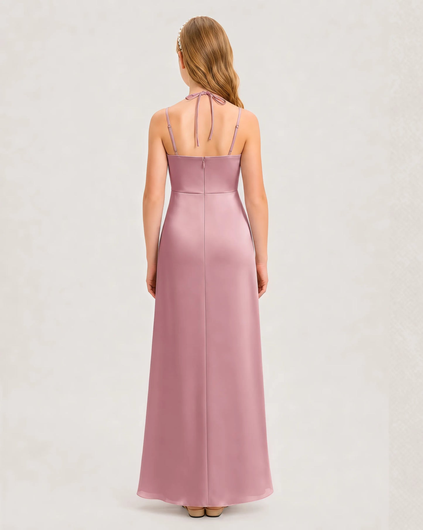 Dideyttawl Halter Neck Ruched Satin Junior Bridesmaid Dress