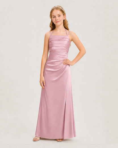 Dideyttawl Halter Neck Ruched Satin Junior Bridesmaid Dress