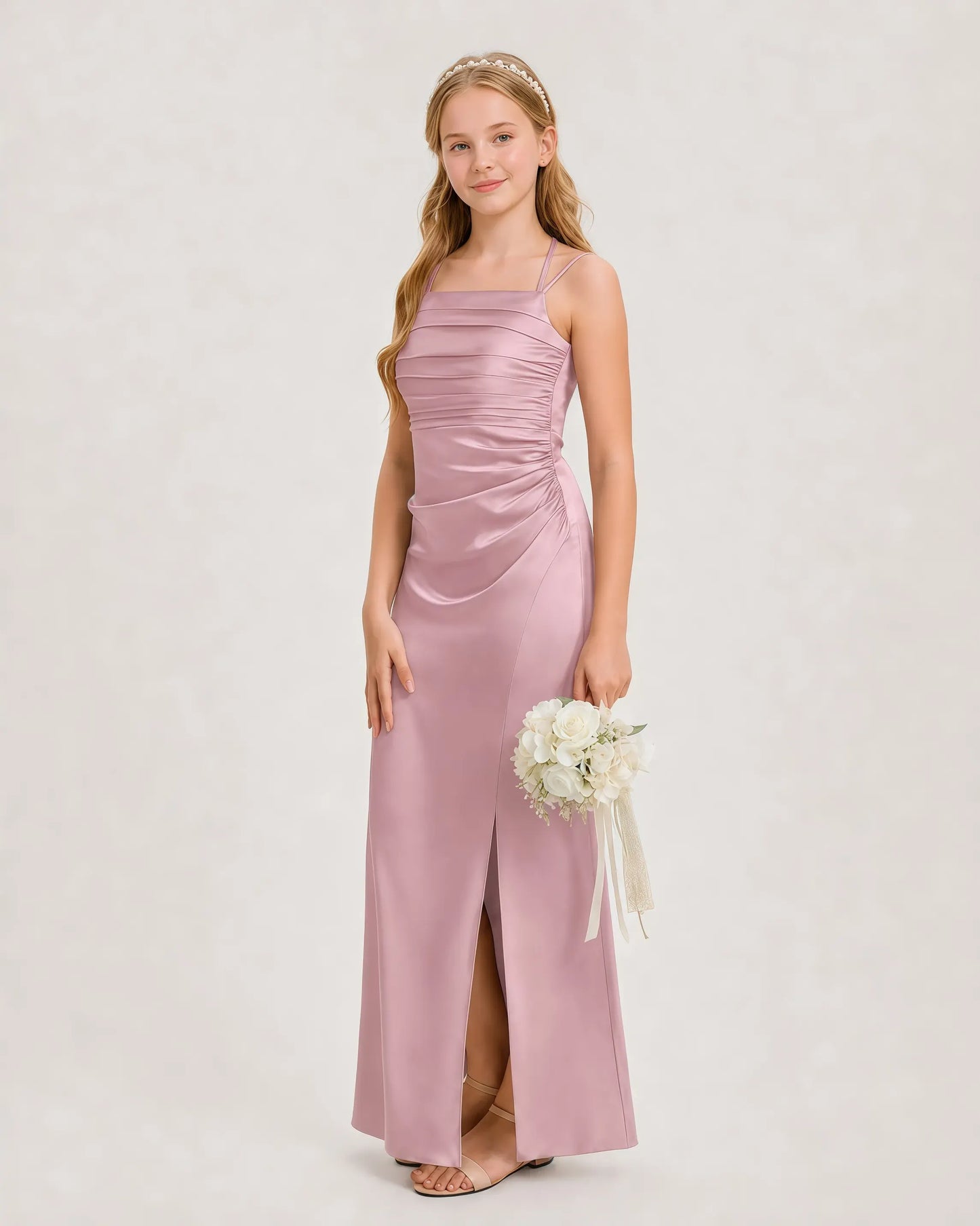 Dideyttawl Ruched Satin Halter Neck Junior Bridesmaid Dress with Side Slit