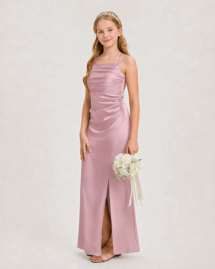 Dusty Rose Satin Ruched Slit Junior Bridesmaid Dresses Side View