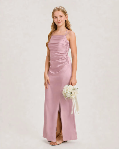 Dideyttawl Halter Neck Ruched Satin Junior Bridesmaid Dress