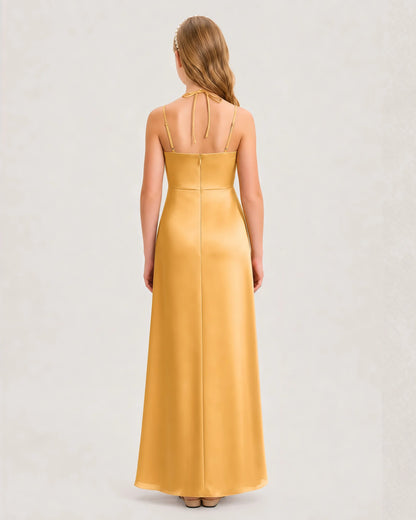 Dideyttawl Ruched Satin Halter Neck Junior Bridesmaid Dress with Side Slit
