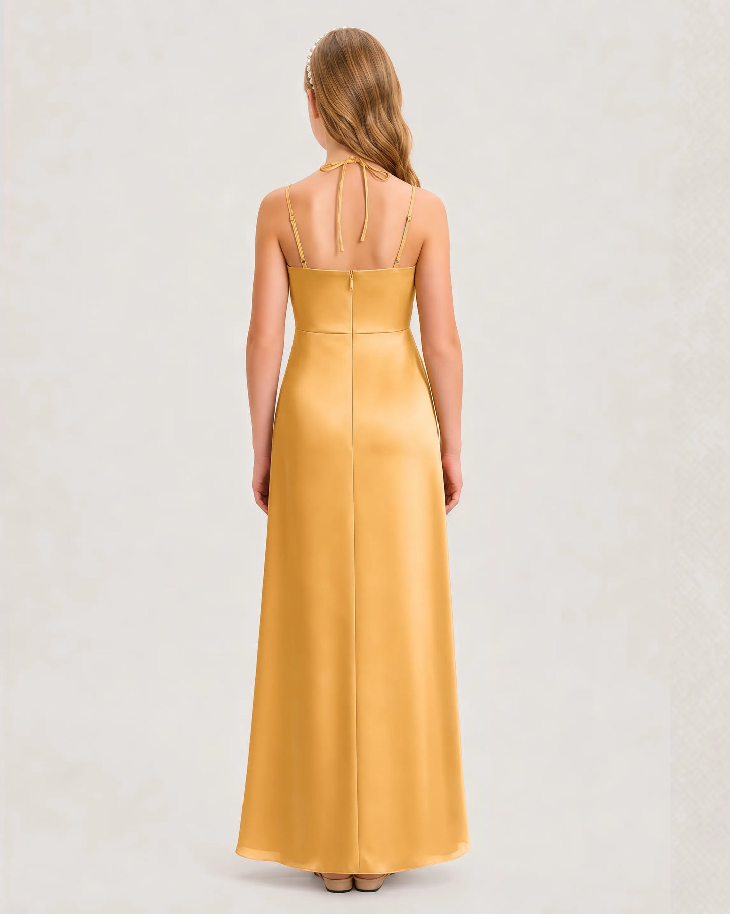Dideyttawl Halter Neck Ruched Satin Junior Bridesmaid Dress