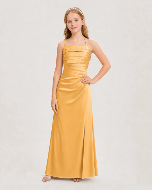 Gold Satin Ruched Halter Junior Bridesmaid Dresses Front View