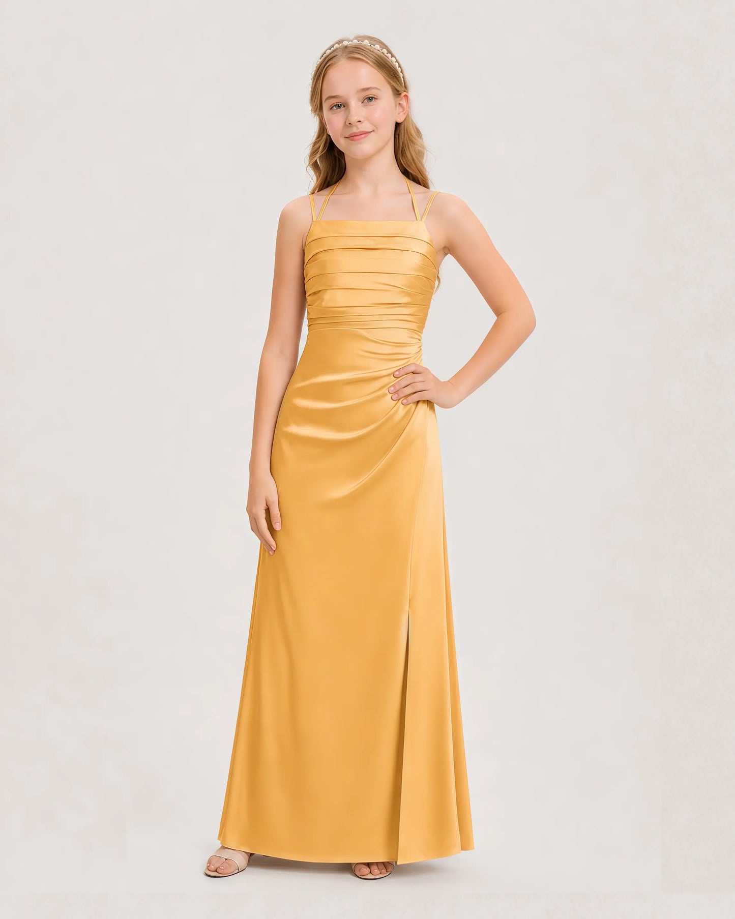 Dideyttawl Ruched Satin Halter Neck Junior Bridesmaid Dress with Side Slit