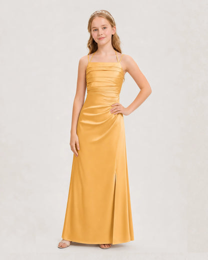 Dideyttawl Ruched Satin Halter Neck Junior Bridesmaid Dress with Side Slit