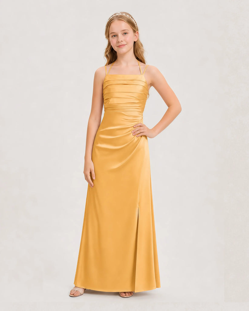 Gold Satin Ruched Halter Junior Bridesmaid Dresses Front View