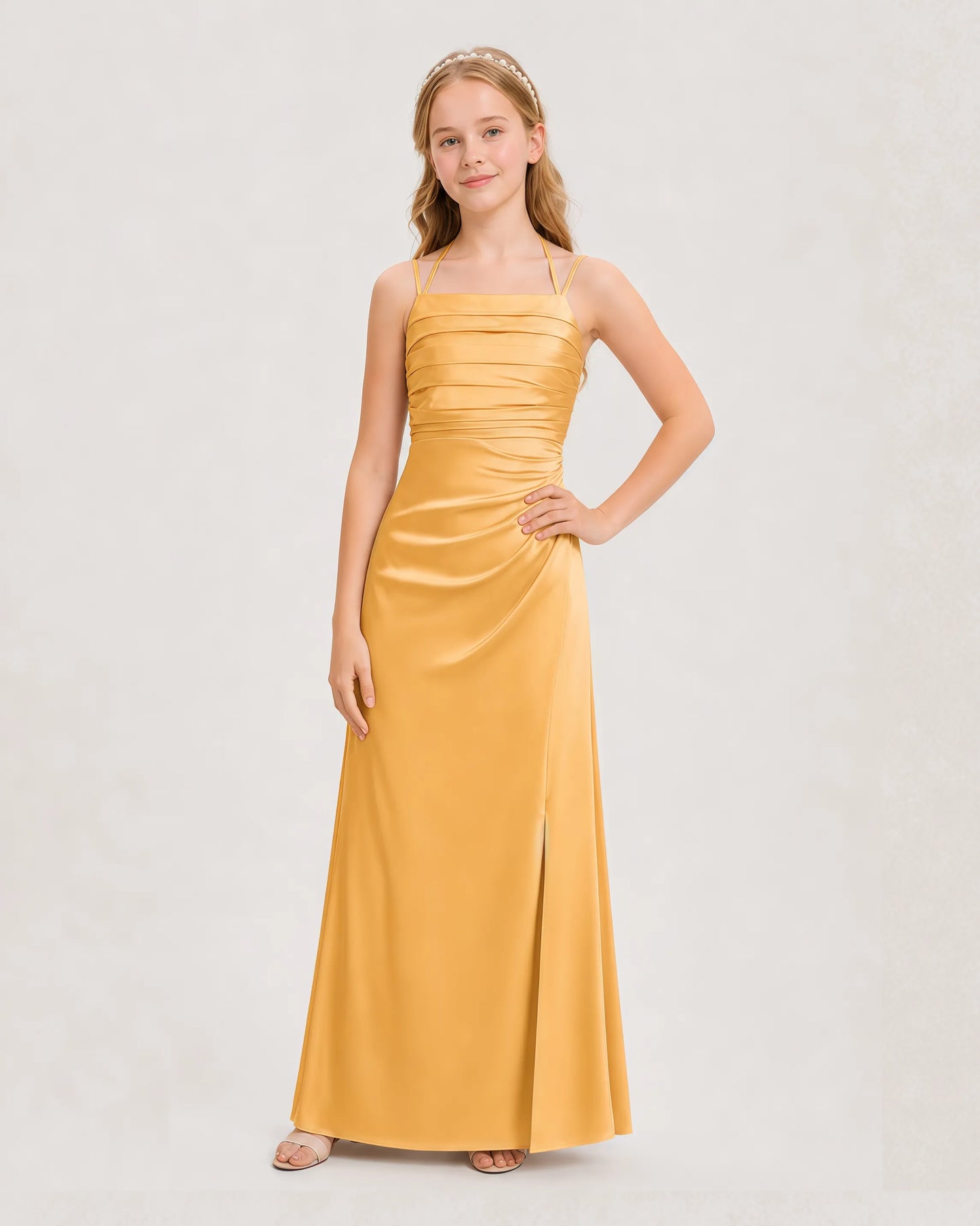 Dideyttawl Halter Neck Ruched Satin Junior Bridesmaid Dress